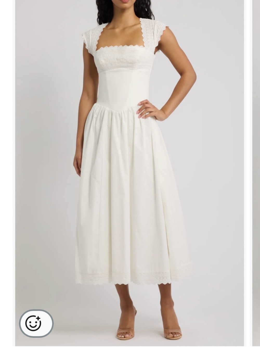 House of CB White Square-Neck Midi Dress with Lace Cap Sleeves